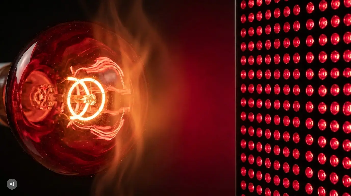 Lampa na podczerwień z czerwoną żarówką grzewczą obok fragmentu panelu LED z siatką czerwonych diod